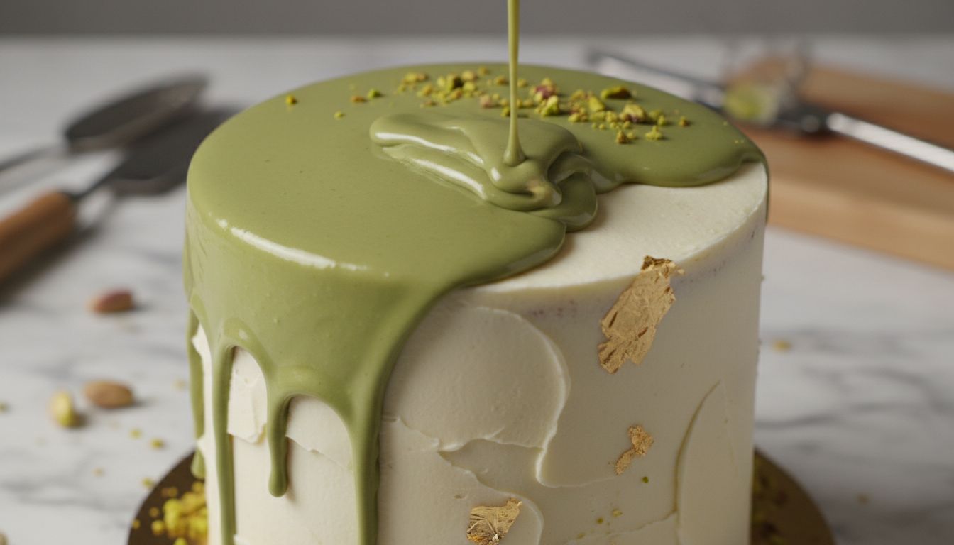 화이트 초콜릿과 피스타치오 스프레드로 만든 부드러운 피스타치오 가나슈를 케이크 위에 뿌리는 모습의 실사 이미지