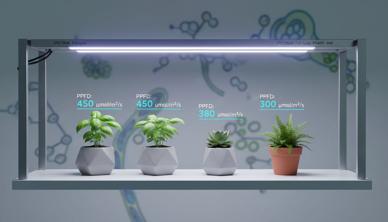 LED 식물등 바형이 선반 위 여러 작은 화분에 고르게 빛을 쏘며 PPFD 수치를 과학적으로 보여주는 장면