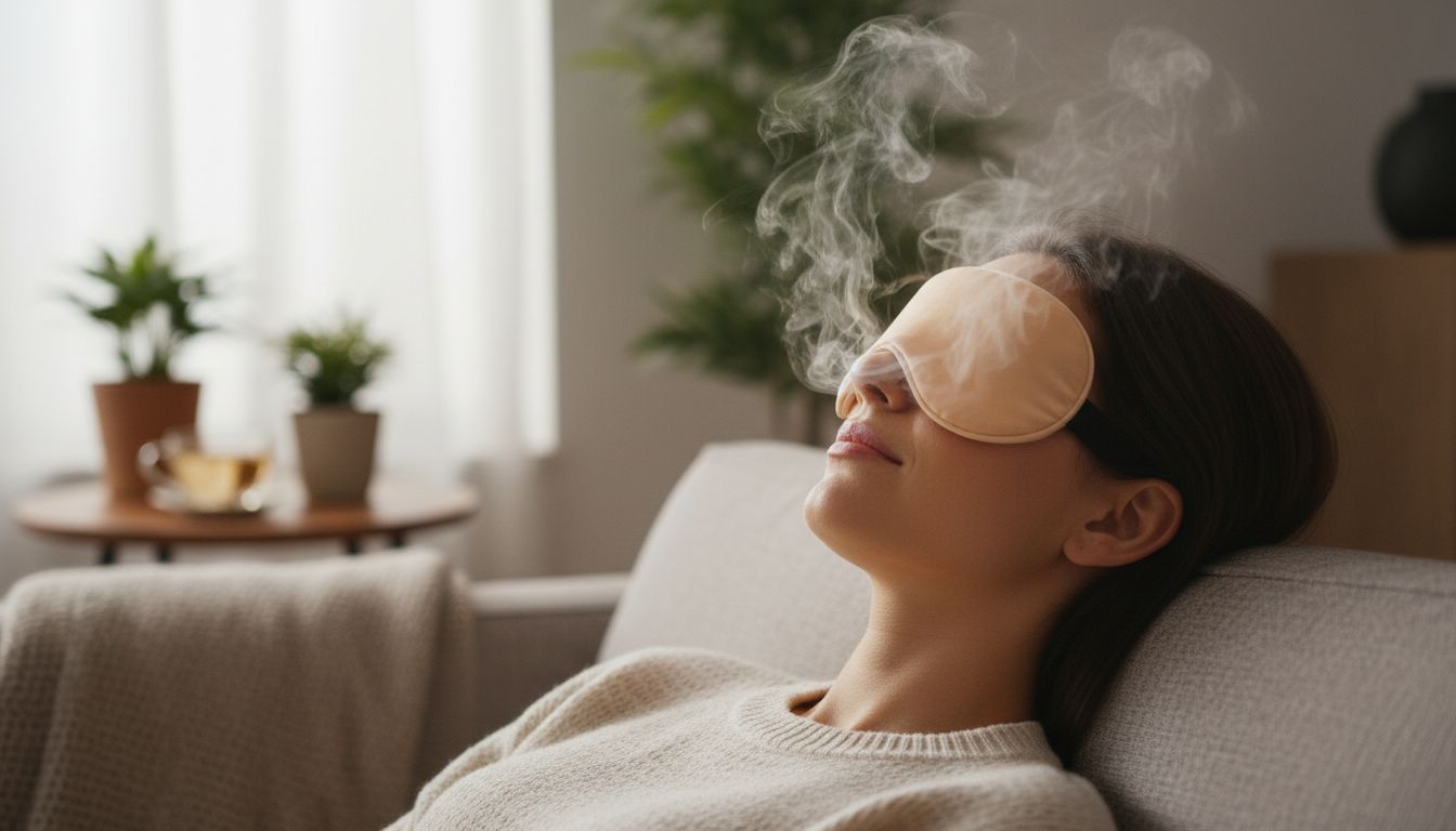 따뜻한 스팀 아이 마스크를 착용한 눈 근처를 클로즈업한 이미지로 편안함을 표현