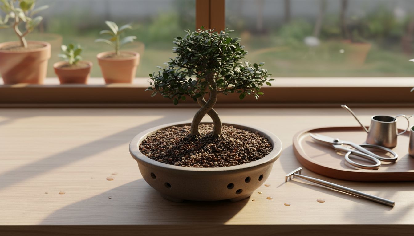 배수 구멍이 있는 토분과 적옥토 등 분재용 흙, 햇빛이 잘 드는 창가 등 청짜보 키우기 위한 완벽한 환경 준비물