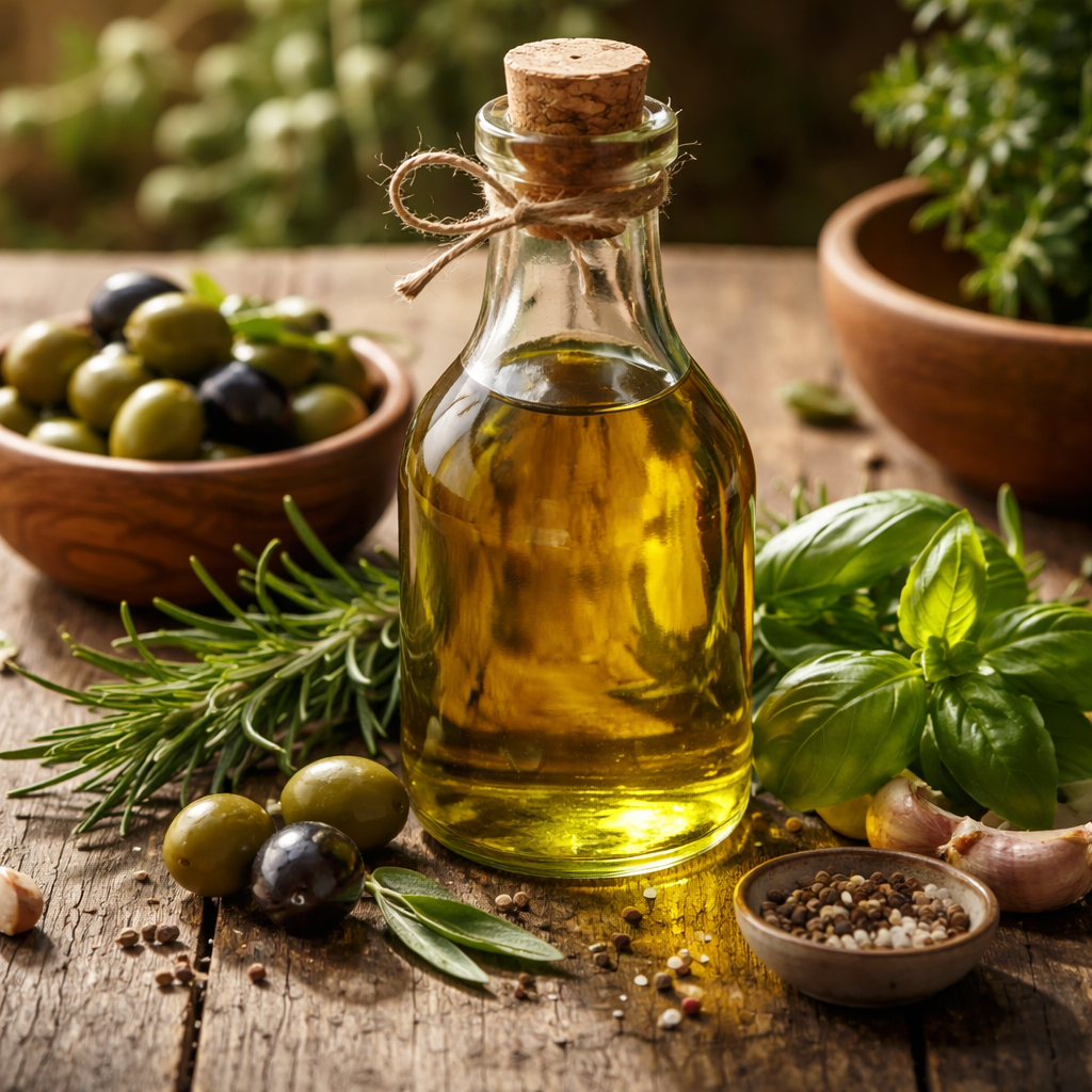 엑스트라 버진 올리브 오일 병과 올리브, 신선한 허브를 담은 고화질 실사 사진