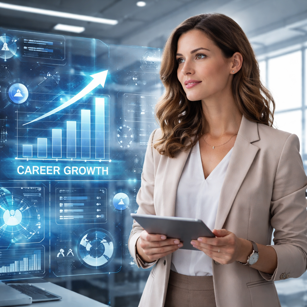 미래 지향적 커리어 성장과 AI 기술을 상징하는 디지털 인터페이스 앞의 스마트 직장인