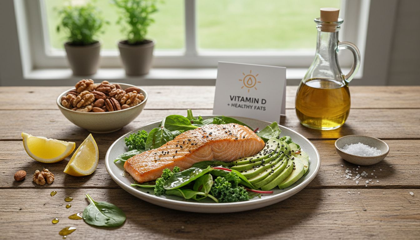 비타민D 흡수를 돕는 아보카도, 연어, 올리브 오일 샐러드, 견과류 등 건강한 지방이 풍부한 식사 이미지