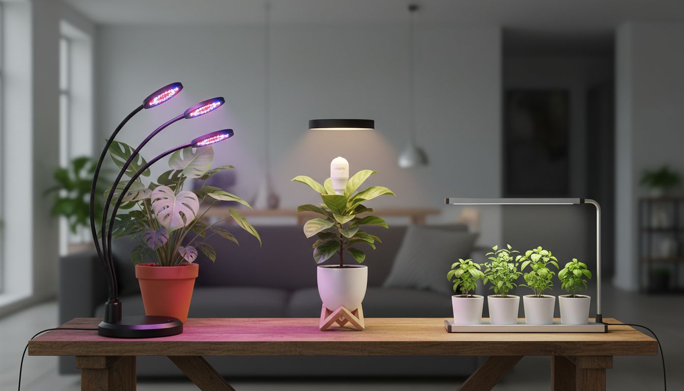 2026년 인기 있는 세 가지 식물등 제품이 나란히 놓여 있는 모습