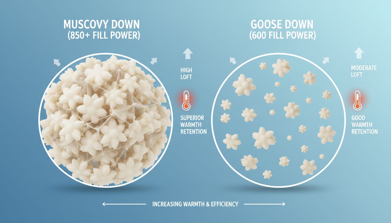 머스코비 다운과 구스다운의 보온성 차이를 보여주는 단열재 클로즈업 비교 인포그래픽