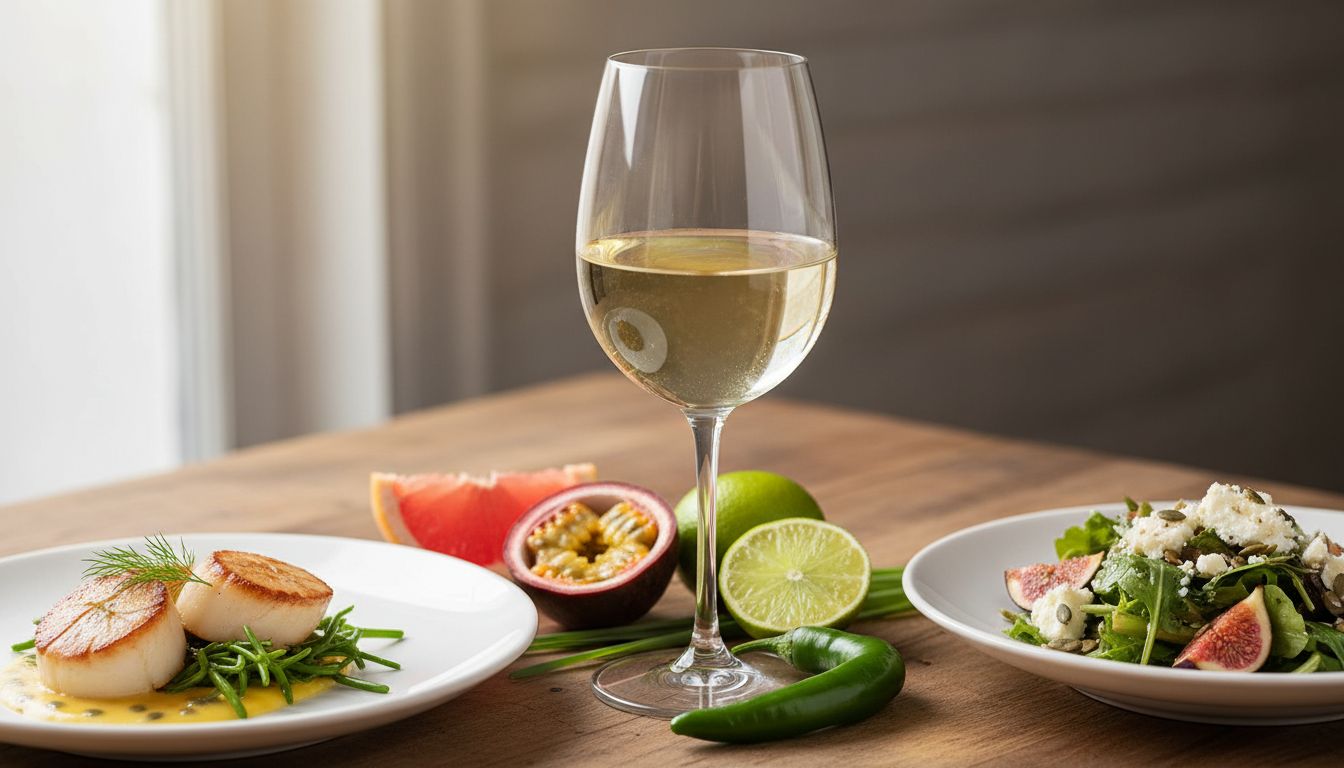 러시안 잭 소비뇽 블랑 와인잔과 함께 열대 과일과 신선한 허브, 해산물 요리 및 염소 치즈 샐러드가 조화된 이미지