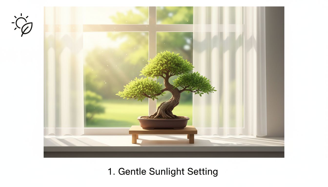 분재 관리 핵심 팁인 적절한 햇빛, 물주기, 통풍 장면을 보여주는 단계별 이미지 가이드