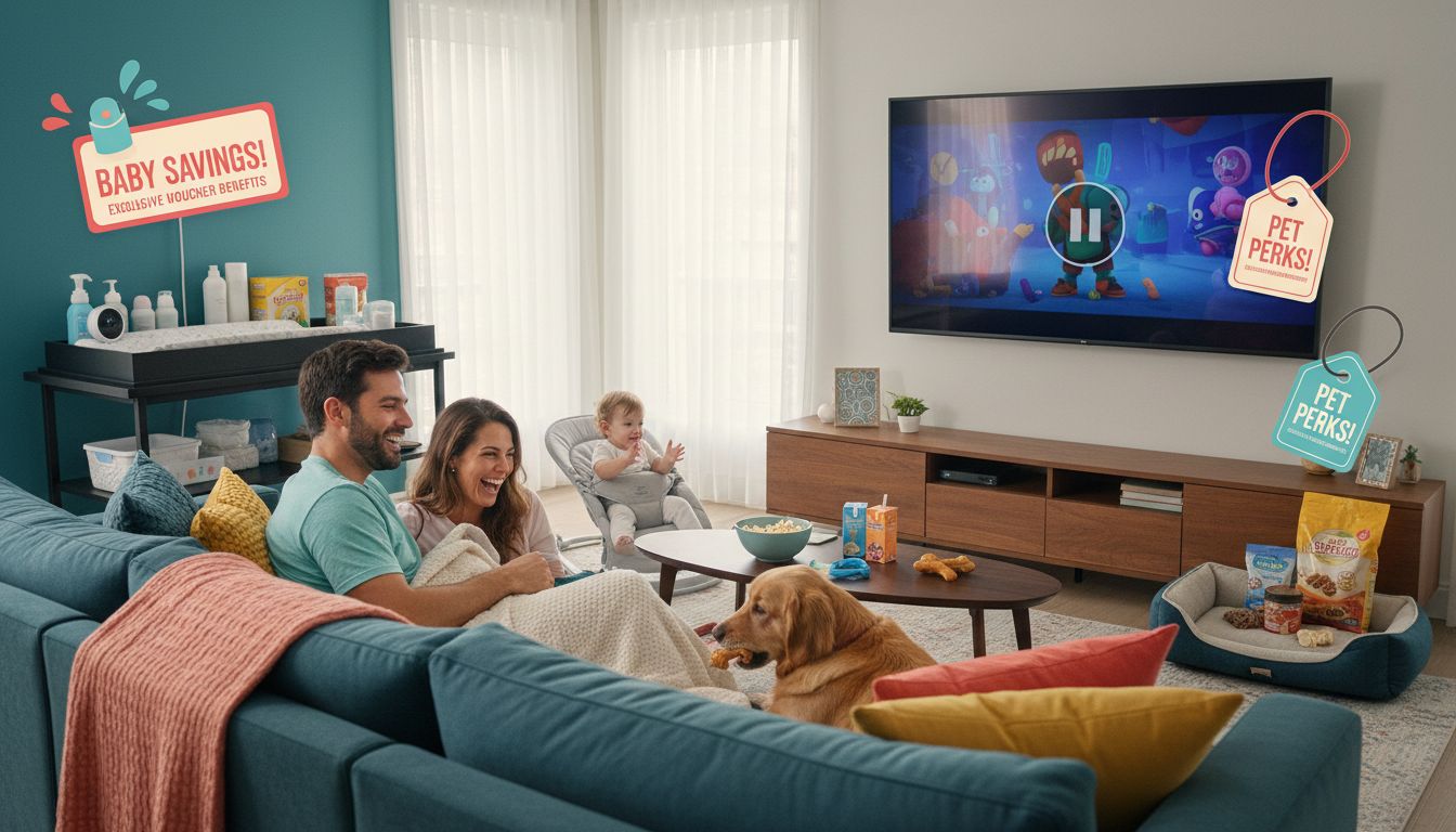 가족이 스마트 TV로 영화 스트리밍을 즐기며 펫과 베이비 바우처 혜택을 보여주는 생활 장면