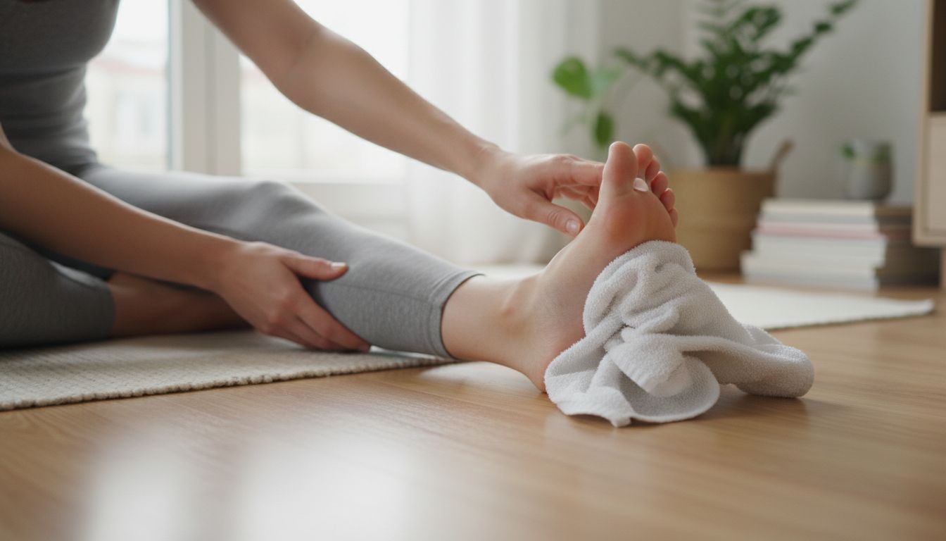 집에서 발가락 스트레칭과 수건 집기 운동을 하는 사람의 사진