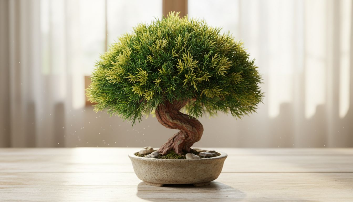 책상 위 작은 편백나무 미니분재의 싱그럽고 건강한 모습