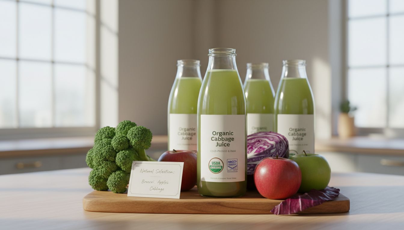 유기농 및 HACCP 인증 마크가 보이는 건강한 양배추즙 제품과 원재료 이미지