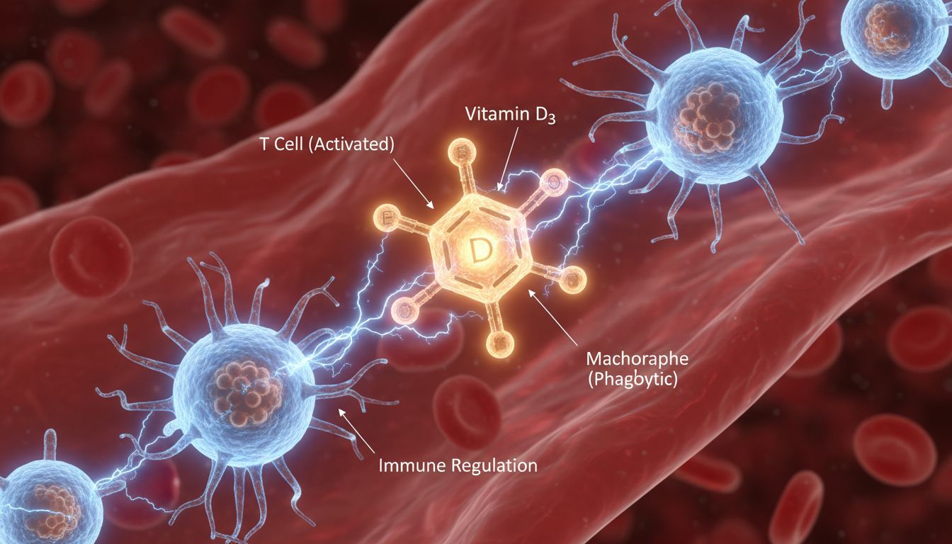 비타민 D가 면역세포를 활성화하여 면역력을 강화하는 모습을 과학적으로 표현한 이미지