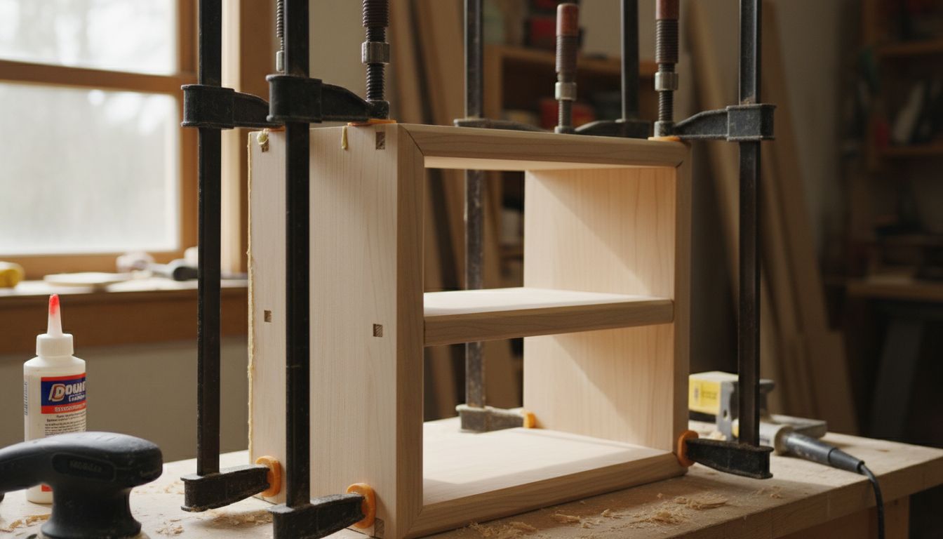 목공 접착제를 사용해 조립하고 클램프로 고정된 미니 원목 선반의 완성 모습