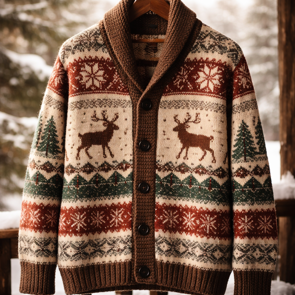 노르딕 니트 가디건의 전통적인 북유럽 패턴과 따뜻한 겨울 분위기