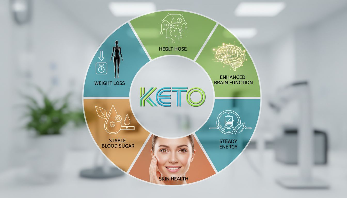 케톤 식단 다이어트의 5가지 주요 건강 효과를 상징적으로 표현한 이미지