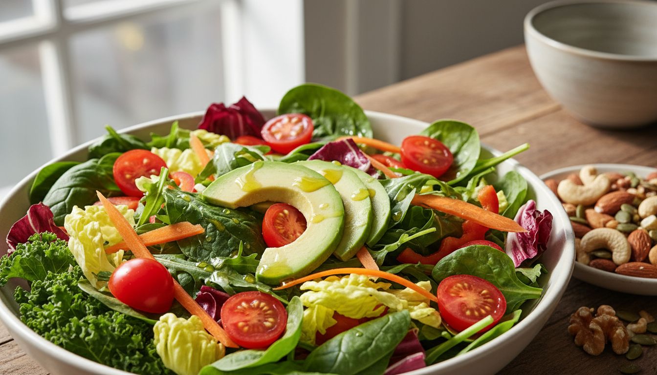 지용성 비타민 흡수를 돕는 올리브유 드레싱과 견과류가 곁들여진 신선한 샐러드 이미지