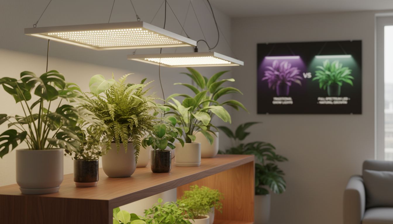 자연광을 닮은 균형 잡힌 백색광을 내는 풀 스펙트럼 LED 식물등 아래서 건강하게 자라고 있는 실내 식물들의 모습