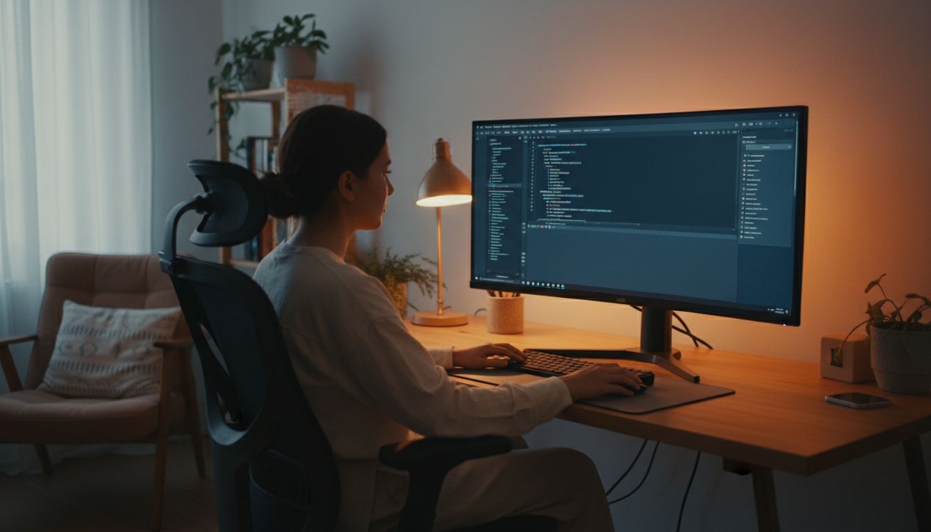 눈의 편안함을 위해 모니터가 눈 높이보다 아래에 배치된 작업 환경 이미지