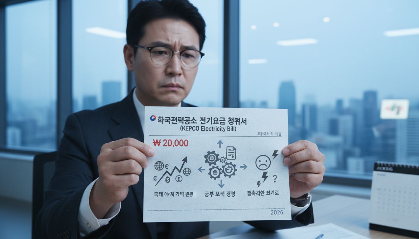2026년 한국 기업이 전기요금 고지서를 보고 불확실한 전기요금 문제로 고민하는 모습