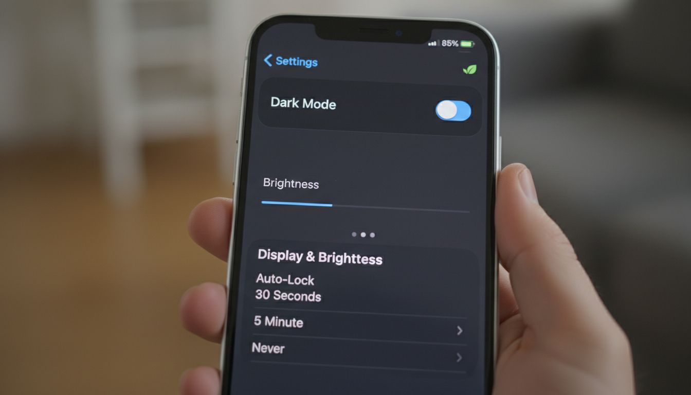 스마트폰 화면에서 다크 모드 활성화와 밝기 낮춤, 자동 잠금 시간 단축 설정을 보여주는 장면