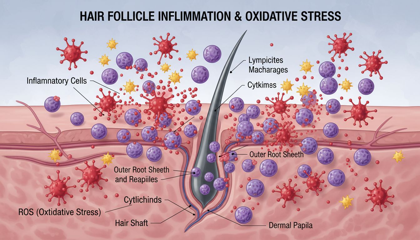염증 세포와 활성산소가 모낭을 공격하는 과정을 보여주는 의학적 일러스트 이미지