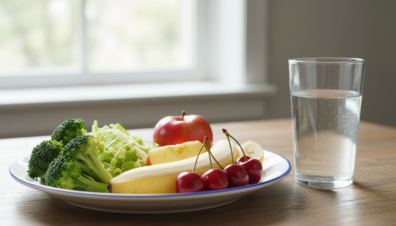 저퓨린 식품과 충분한 수분이 포함된 건강한 균형 잡힌 식단 접시 모습