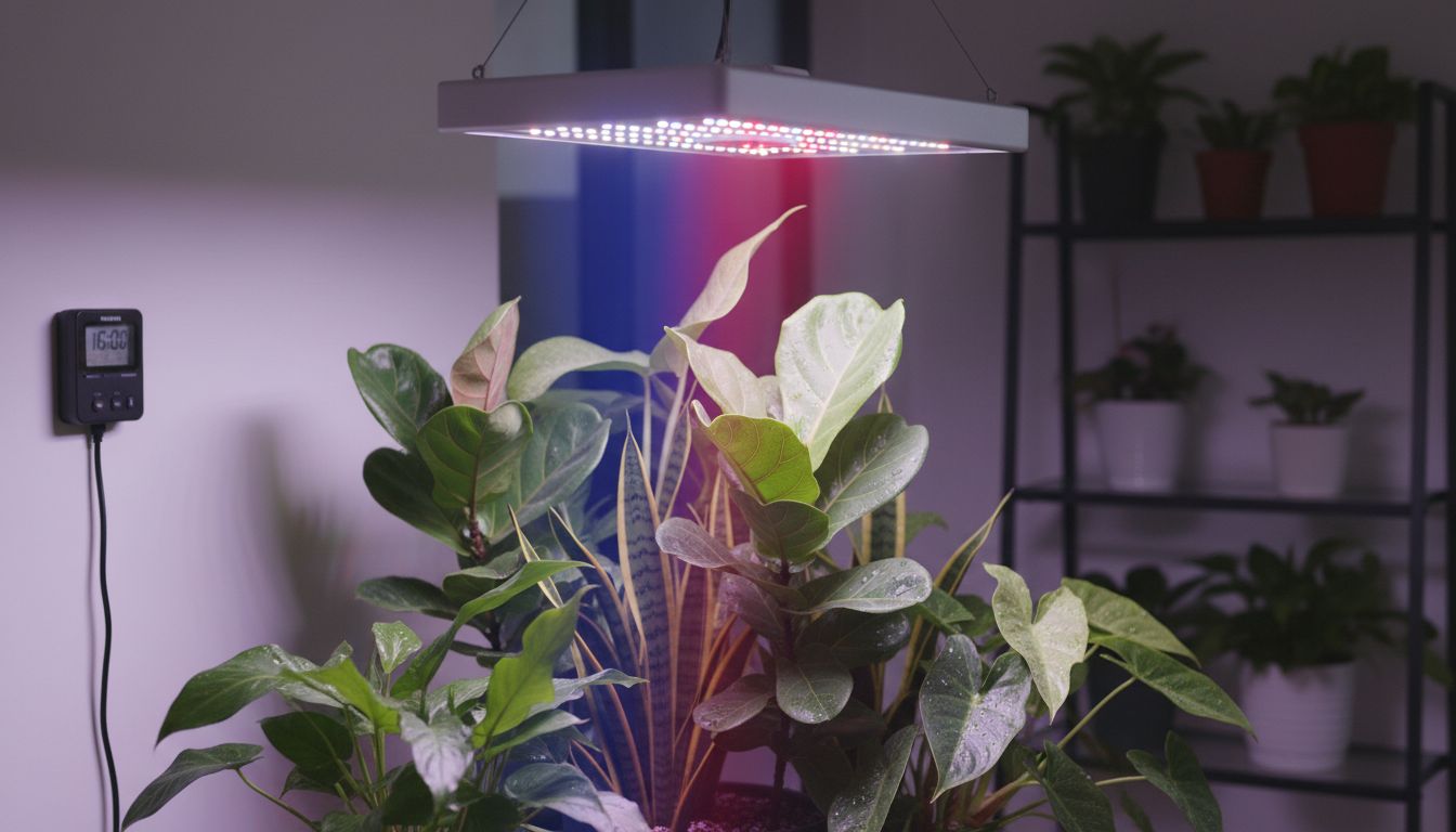 풀스펙트럼 LED 식물 생장등이 건강한 실내 식물을 비추며 청색과 적색 파장이 보이는 모습과 디지털 타이머 설정 장면