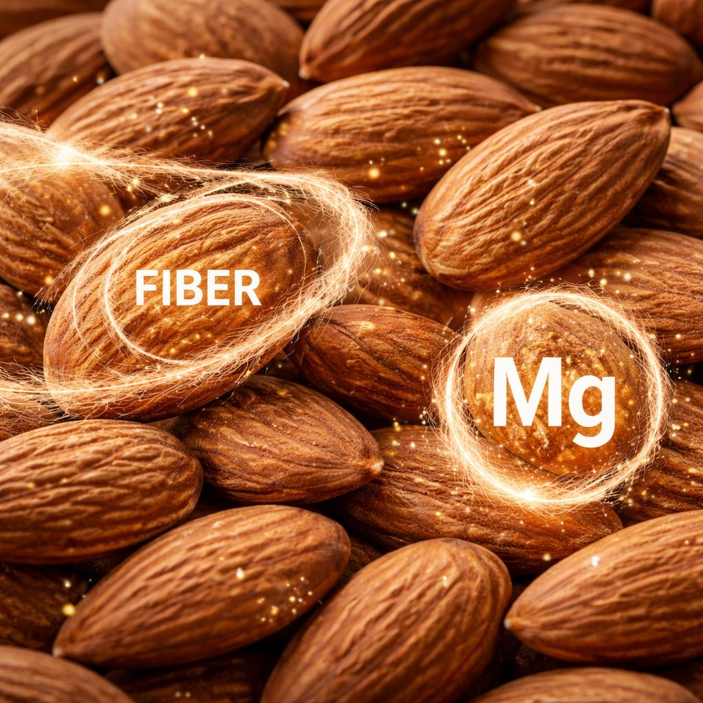 식이섬유와 마그네슘 성분을 상징적으로 표현한 아몬드의 고화질 클로즈업 이미지