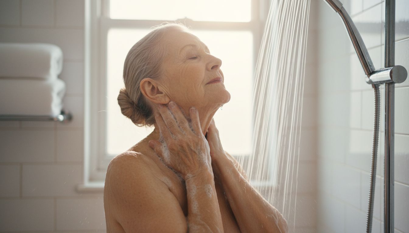 어르신이 미지근한 물과 풍성한 비누 거품으로 목 뒤, 겨드랑이 등 냄새가 생기기 쉬운 부위를 부드럽게 닦는 모습