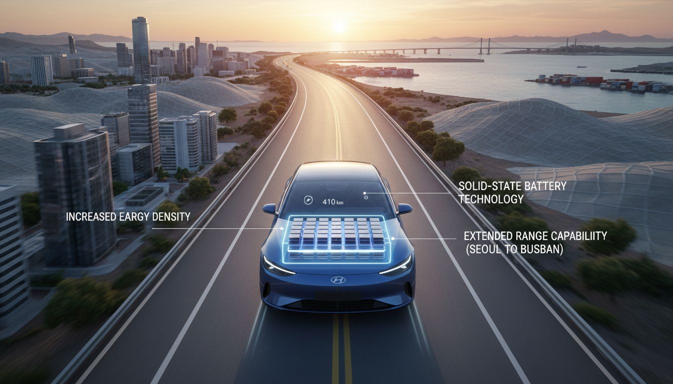 서울에서 부산까지 긴 주행 거리를 가능하게 하는 전고체 배터리의 에너지 밀도와 효율성을 상징하는 전기차 이미지