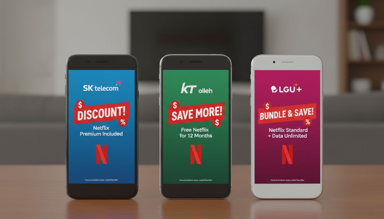 통신사 SKT, KT, LGU+의 넷플릭스 할인 결합 프로모션을 보여주는 스마트폰 이미지