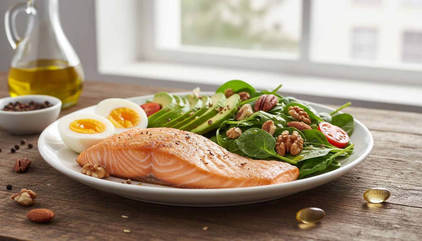 비타민 D와 함께 섭취하면 흡수율을 높여주는 건강한 지방이 포함된 균형 잡힌 식사 모습