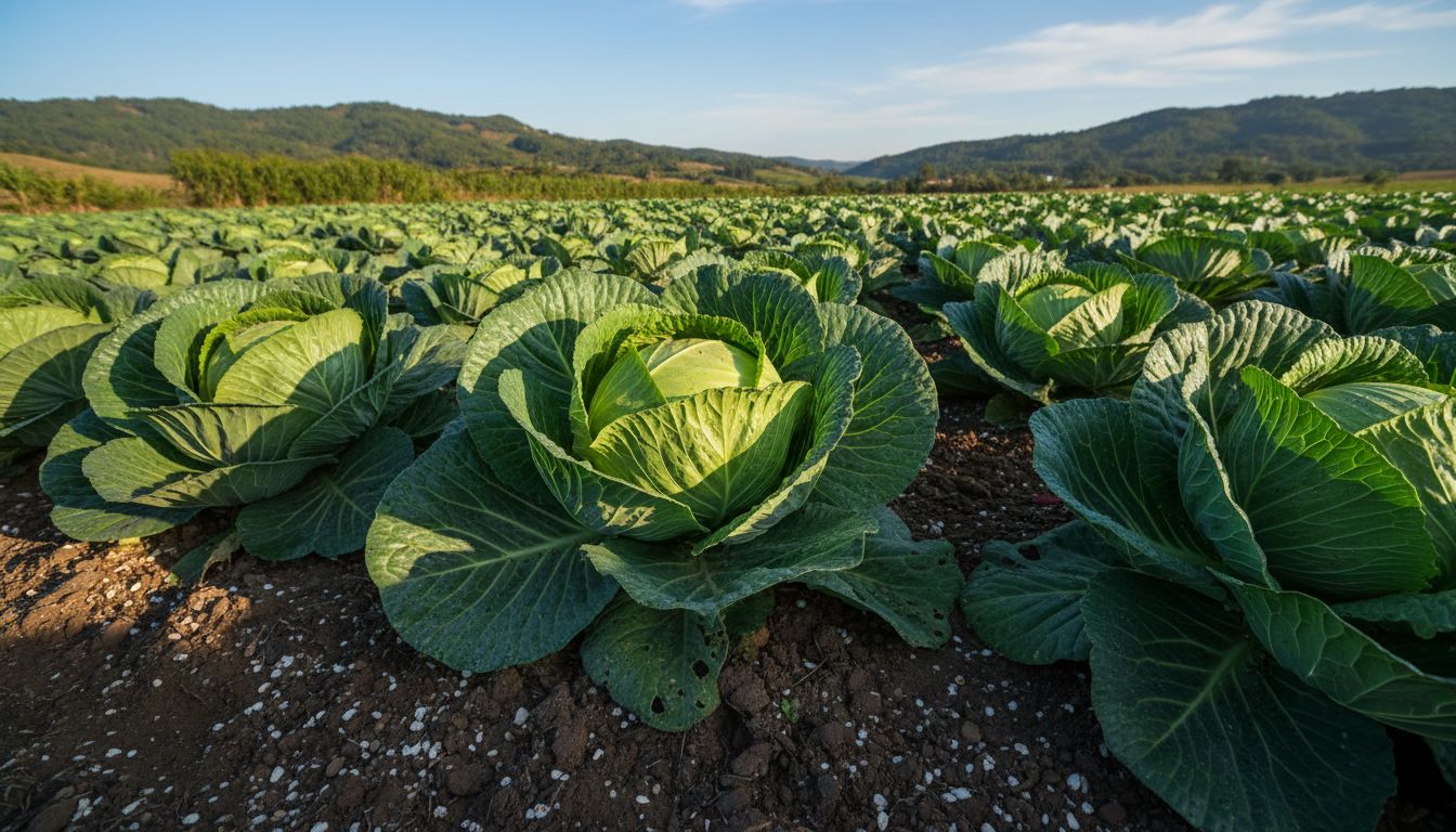 청정하고 미네랄이 풍부한 농장에서 자연광 아래 자라는 신선한 유기농 양배추 모습