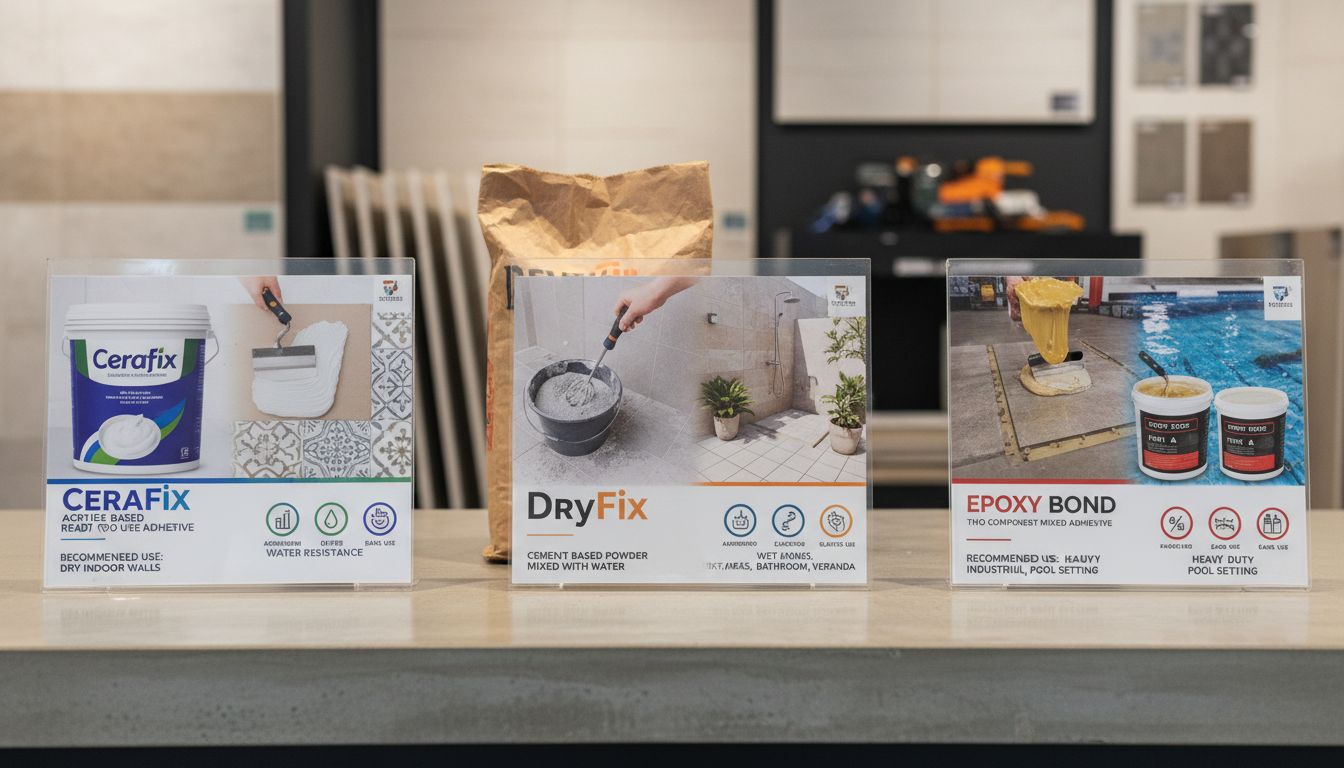 세 가지 타일 본드 종류와 특징, 추천 사용 장소를 보여주는 고화질 실사 이미지