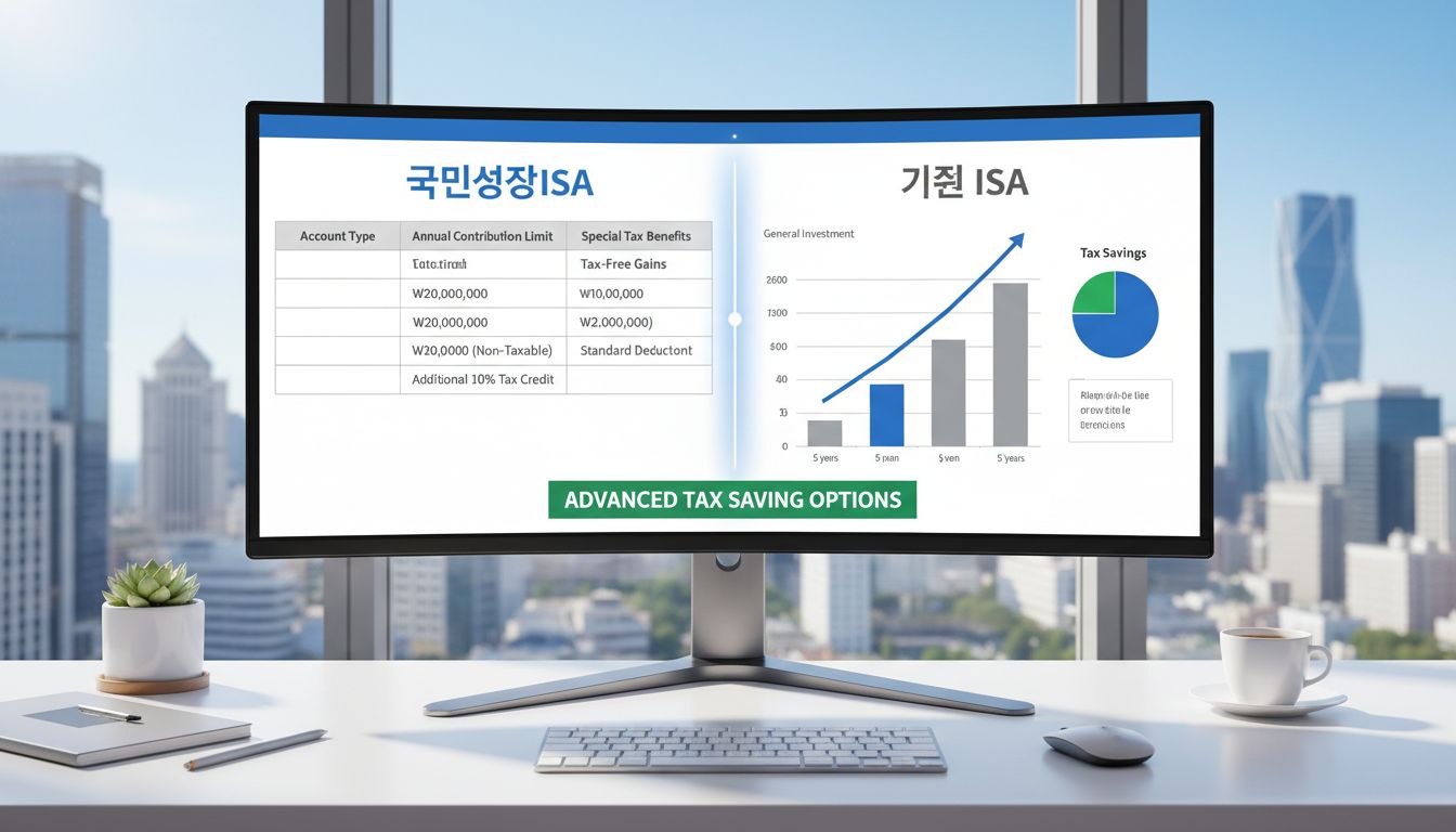 국민성장ISA와 기존 ISA의 세금 절세 혜택 및 납입 한도 비교 테이블이 보이는 현대적 금융 업무 공간 이미지