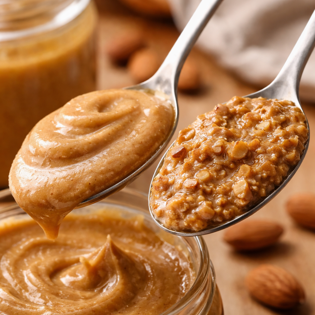 스푼에 담긴 부드러운 스무스 아몬드버터와 아몬드 조각이 보이는 크런치 아몬드버터의 질감 대비를 강조한 근접 사진