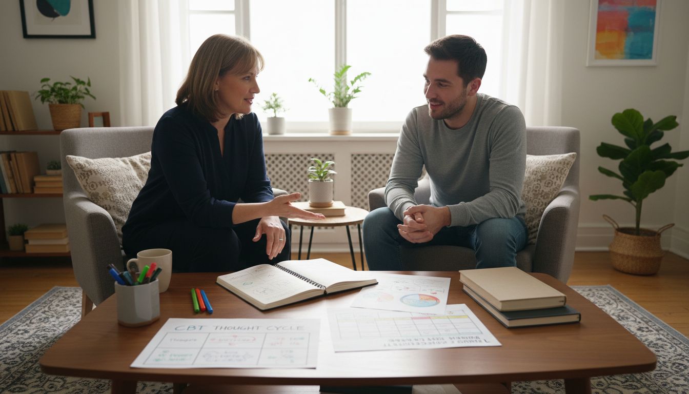 인지행동치료(CBT) 상담이 이루어지는 편안한 상담실과 치료사와 환자의 상담 장면