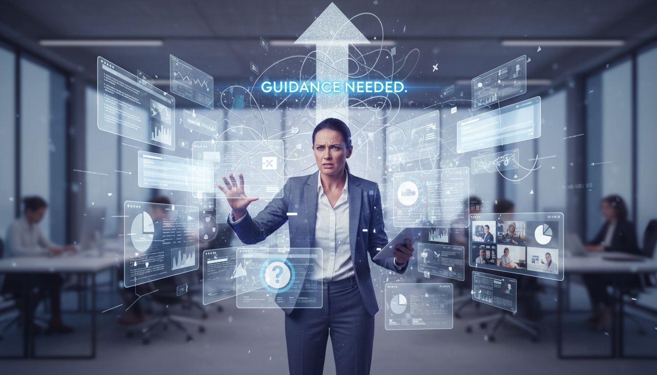 정보의 홍수 속에서 길을 찾으려 하는 직장인의 모습