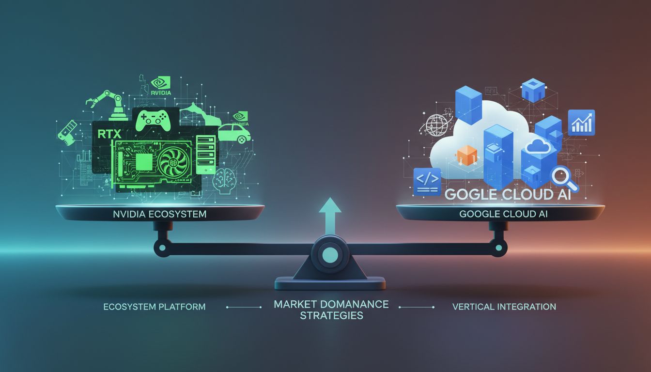 엔비디아의 생태계 전략과 구글의 수직 통합 전략을 상징하는 저울 이미지