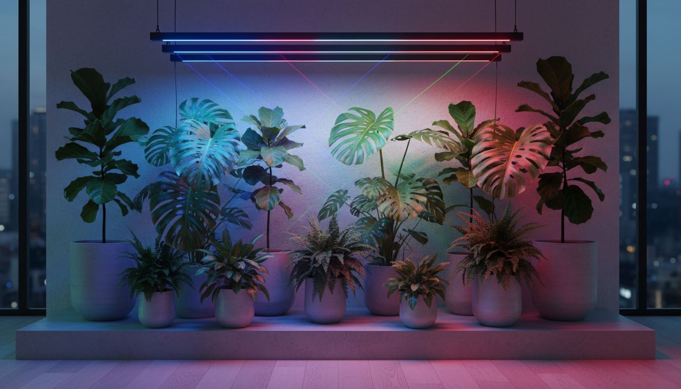 실내에서 다양한 색상의 LED 식물등 빛을 받고 건강하게 자라는 실내 식물들
