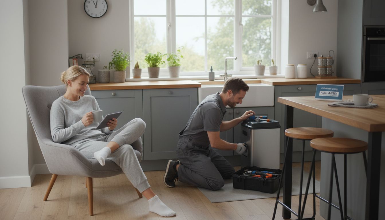전문가가 음식물처리기를 점검하며 렌탈 서비스의 편리함을 보여주는 장면