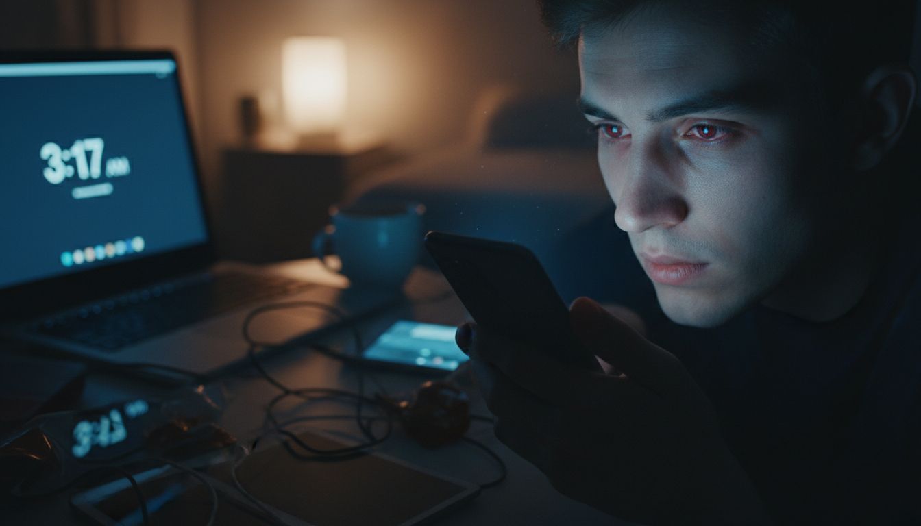 스마트폰과 디지털 기기를 늦은 밤까지 사용하는 20대의 눈 피로를 표현한 이미지