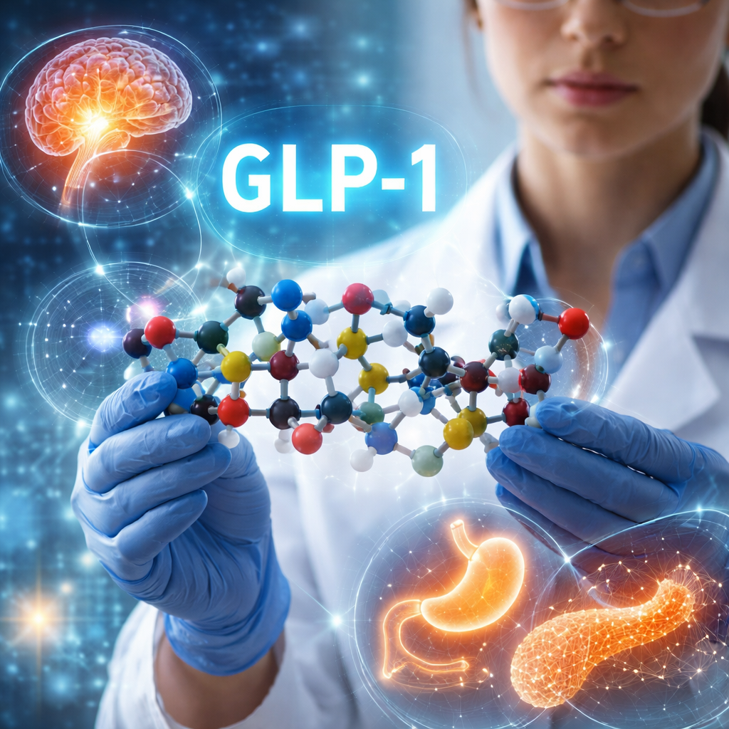 GLP-1 호르몬의 작용 메커니즘과 비만 치료제 혁신을 설명하는 과학자와 분자모형 이미지