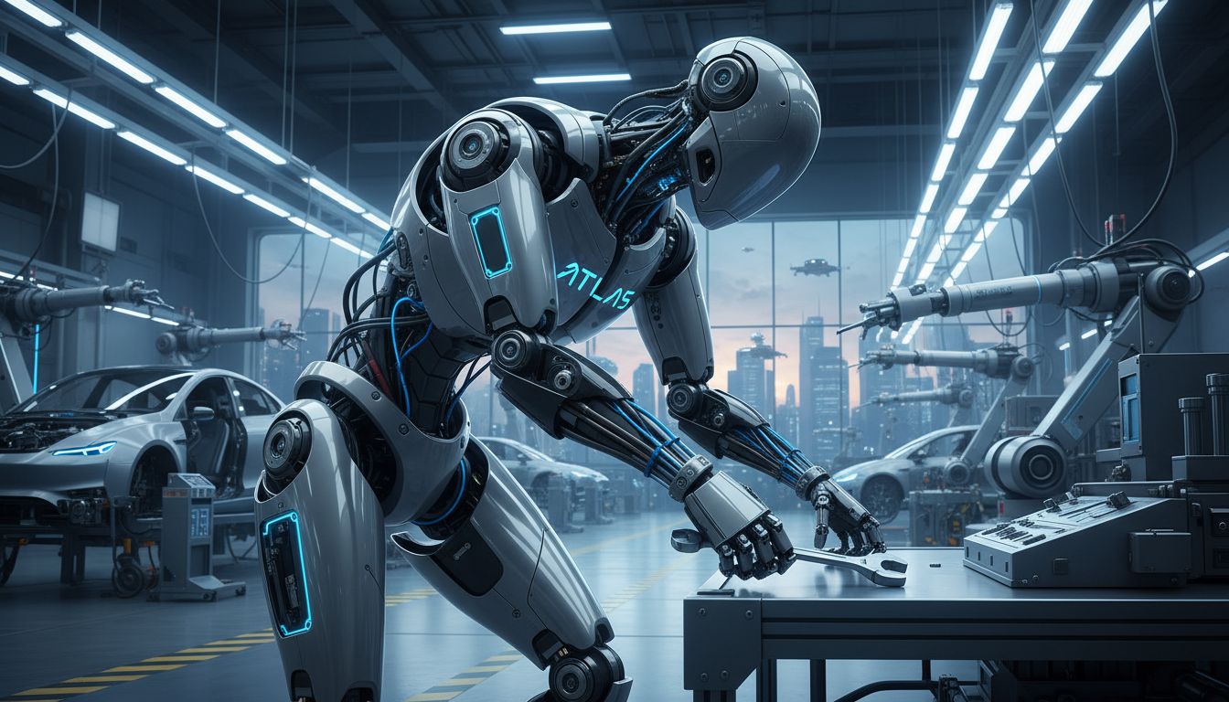 현대자동차 전기차 공장에서 정교한 동작을 수행하는 최신 전동식 휴머노이드 로봇 아틀라스의 모습