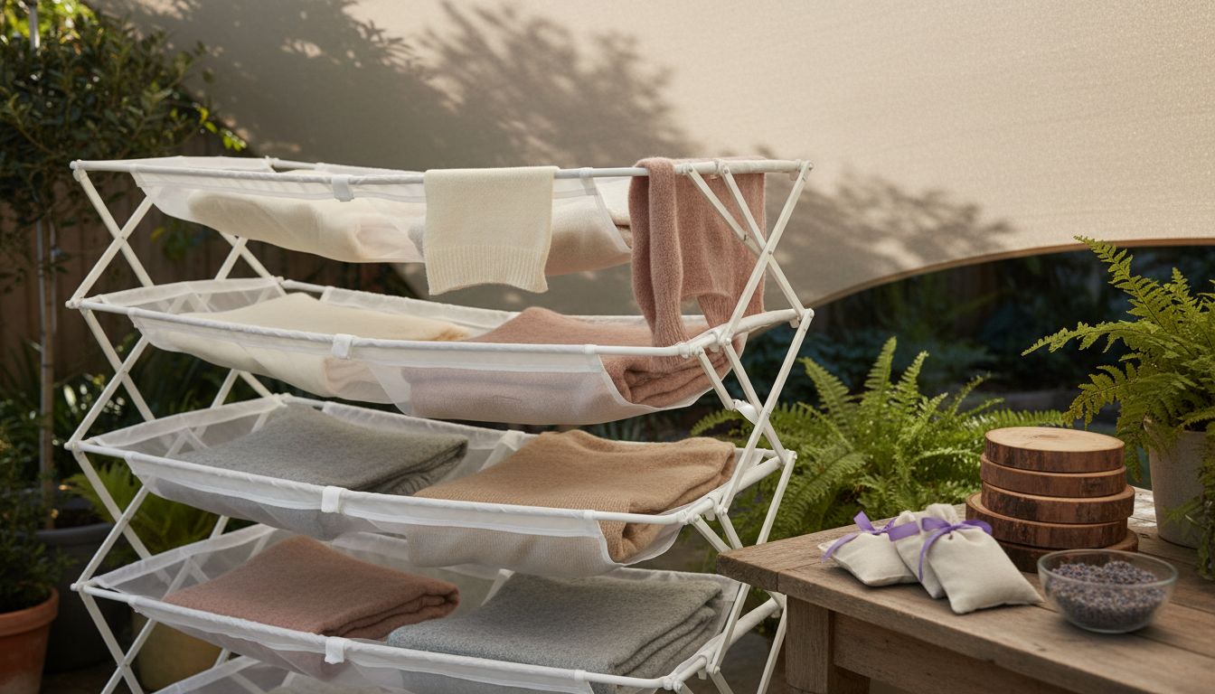 그늘지고 통풍이 잘 되는 곳에 펼쳐 놓은 캐시미어 니트와 천연 방충제가 함께 놓인 건조 및 보관 환경