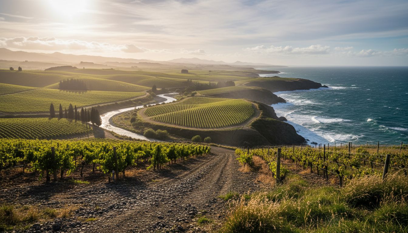 뉴질랜드 말보로 지역의 포도밭 풍경, 와이라우 밸리와 아와테레 밸리의 떼루아 특징을 대비하여 보여주는 장면