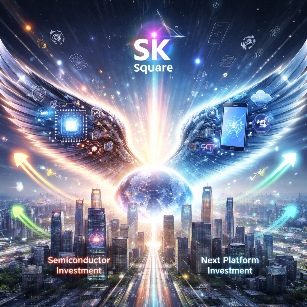 SK스퀘어가 반도체와 넥스트 플랫폼을 날개로 삼아 AI 투자 전문기업으로 진화하는 모습을 나타낸 이미지