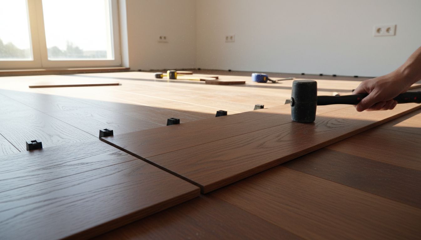 고무망치와 스페이서를 사용해 강마루를 정교하게 끼워 맞추는 모습