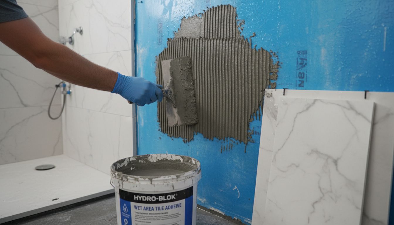 욕실 벽에 방수 성능을 갖춘 시멘트계 타일 본드로 타일 시공하는 모습