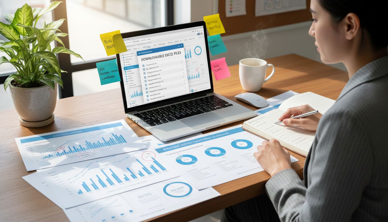 키워드 데이터를 분석하고 엑셀 파일을 활용하여 콘텐츠 전략을 계획하는 모습